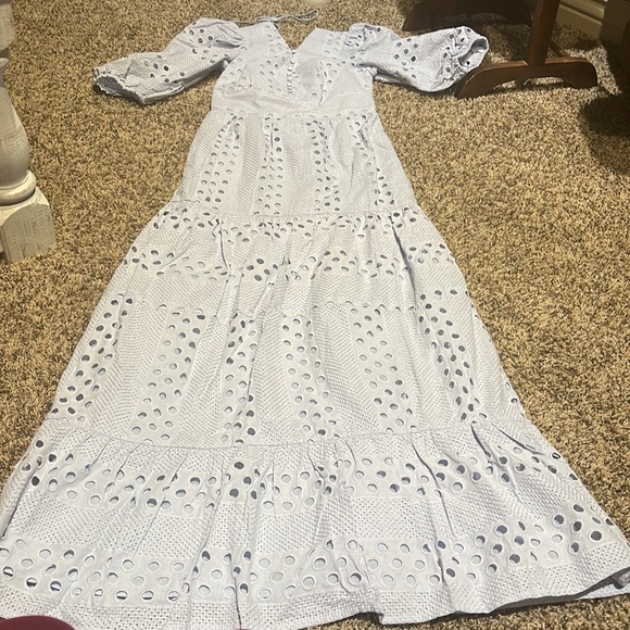 ASOS DESIGN PREMIUM PLUNGE BRODERIE TIERED MIDI DRESS WITH BUTTON NECK WITH - Picture 5 of 12